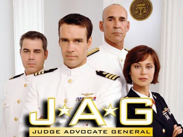 Members of the cast of JAG, from left: Patrick Labyorteaux, David James Elliott, John M. Jackson and Catherine Bell. Photo: Tony Esparza/CBS