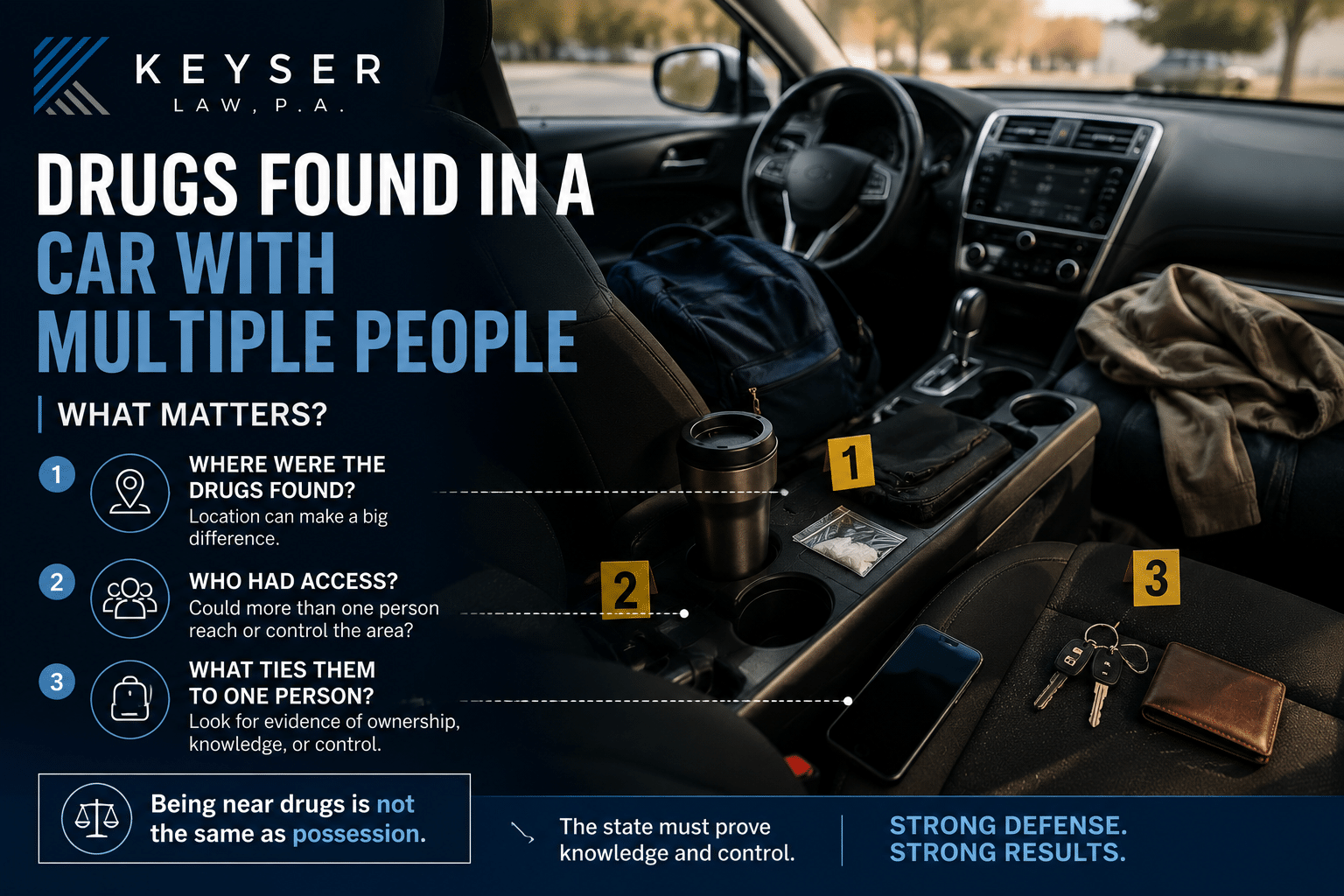 Keyser Law graphic showing evidence questions used to evaluate constructive possession in a Minnesota drug case.